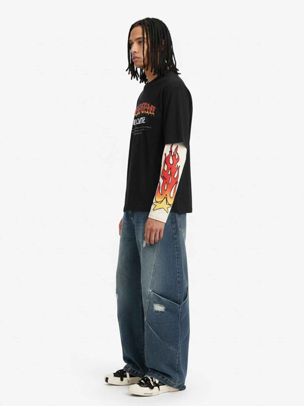 Gradient Letter Print Patchwork Faux Two-Piece Long-Sleeved T-Shirt