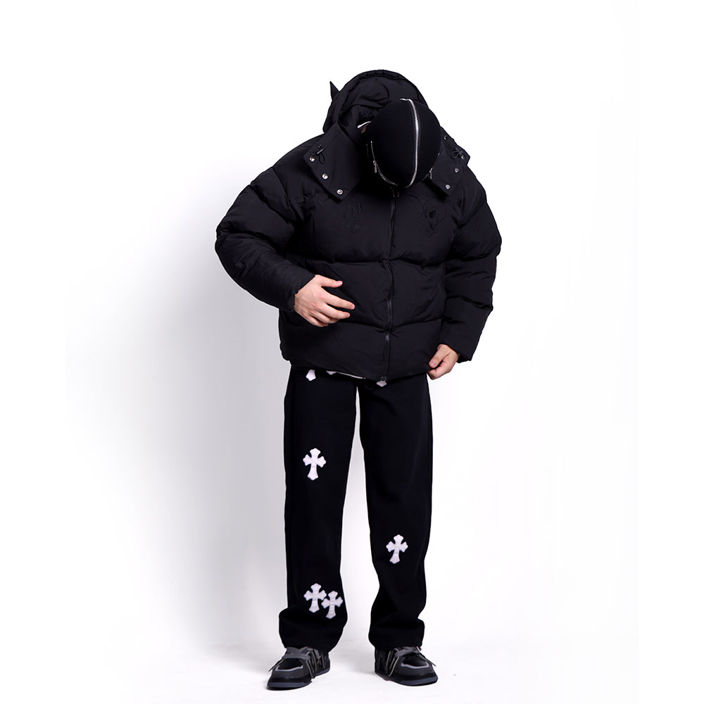 Devil | Black Hooded Puffer Jacket - Luxuryurbanwear