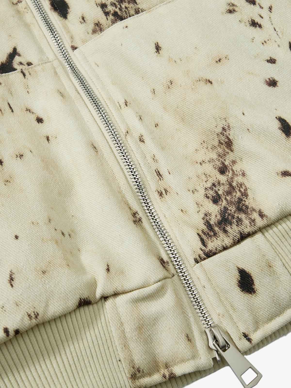Splatter Print Faux Fur Collar Ruched Sleeve Zip-Up Jacket