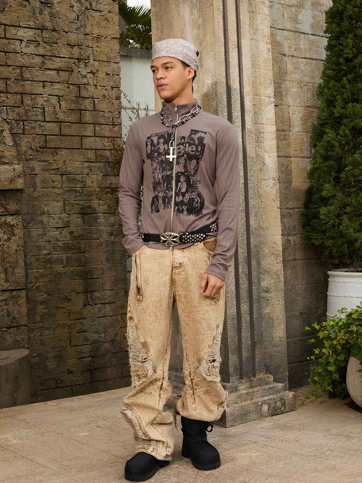 Distressed Raw-Edge Panel Sculpted Wide-Leg Jeans - Luxuryurbanwear