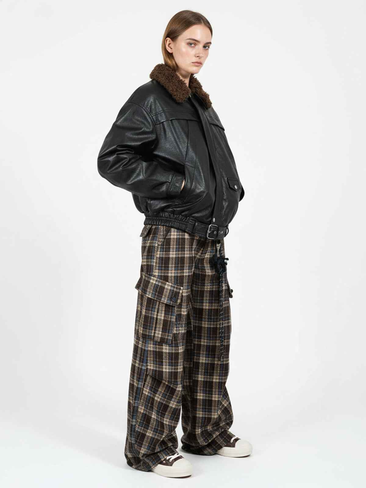 Vintage Plaid Pleated Multi-Pocket Cargo Casual Pants - 2524