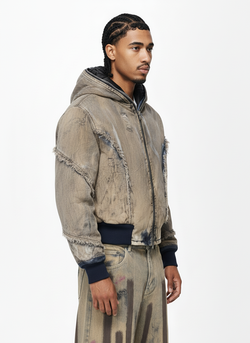 Distressed Mud-Dyed Frayed Edge Denim Bomber Jacket - Luxuryurbanwear