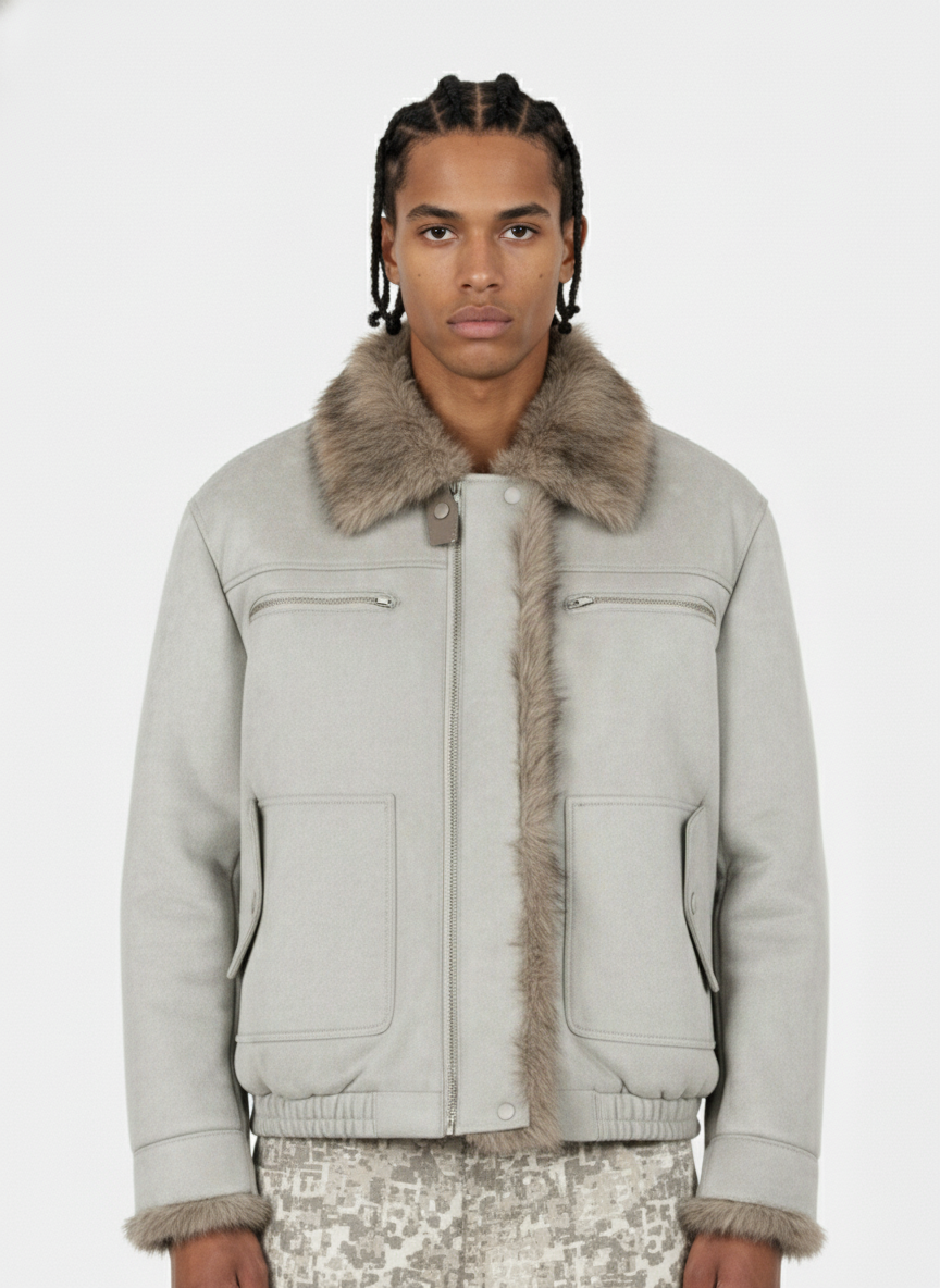 Vintage Suede Faux Fur Lined Aviator Bomber Jacket - Luxuryurbanwear