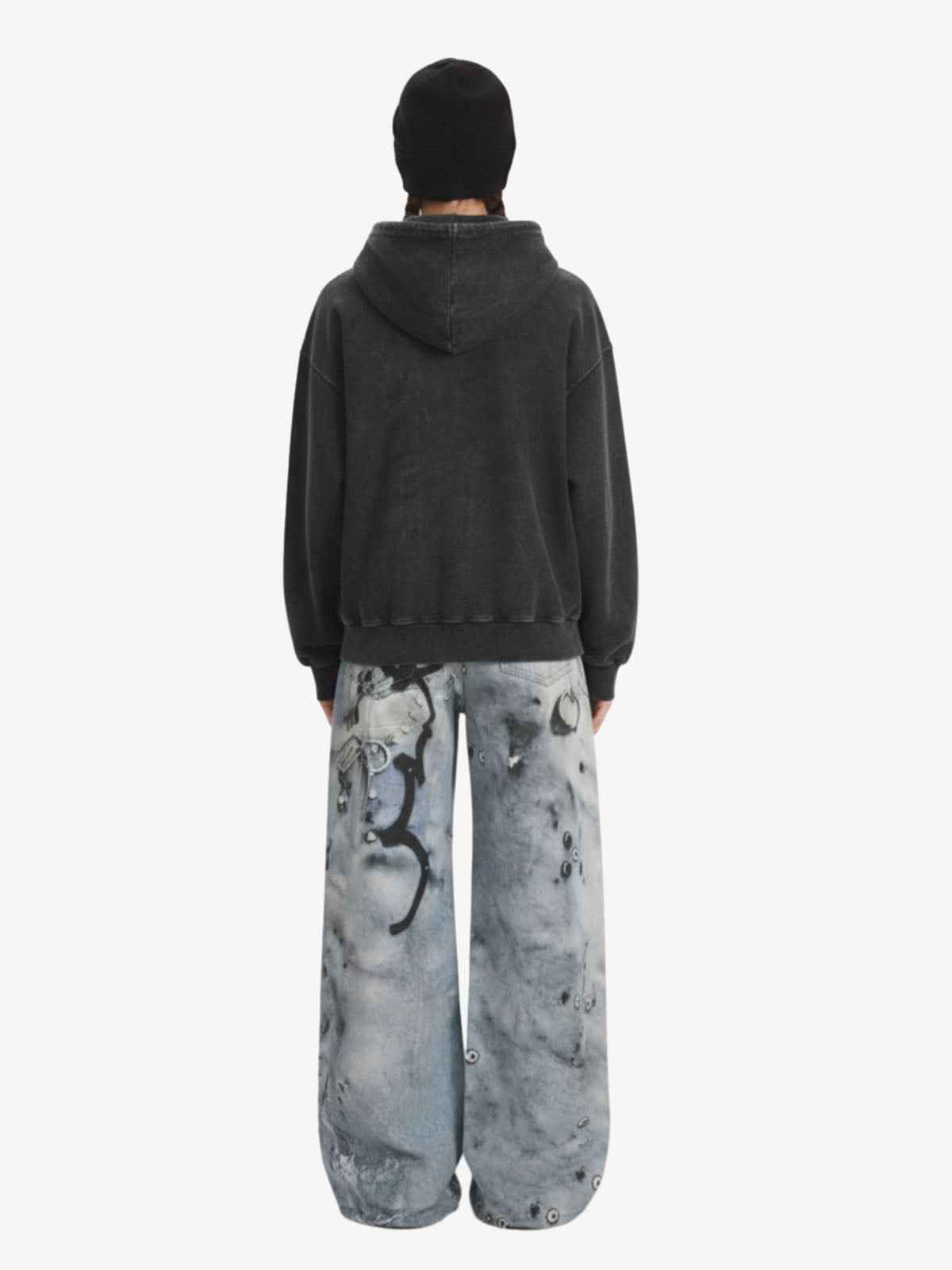 Vintage Washed Panel Construction Zip-Up Hoodie