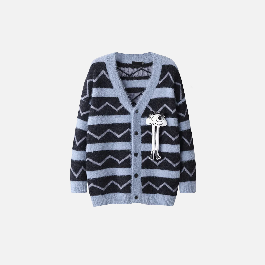 Women Retro V-Neck Collar Mohair Striped Cardigan - Luxuryurbanwear