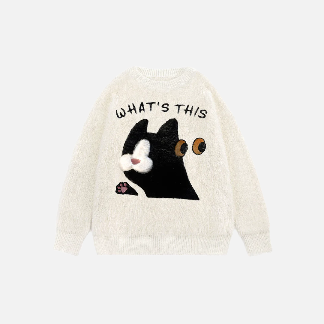 Fuzzy Oversized Cat Print Knit Jumper Sweater - Luxuryurbanwear