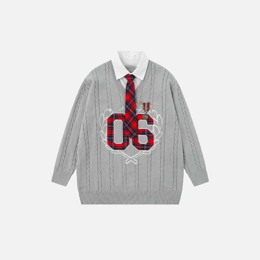 Plaid Letter With Necktie Shirt Embroidery Sweater - Luxuryurbanwear