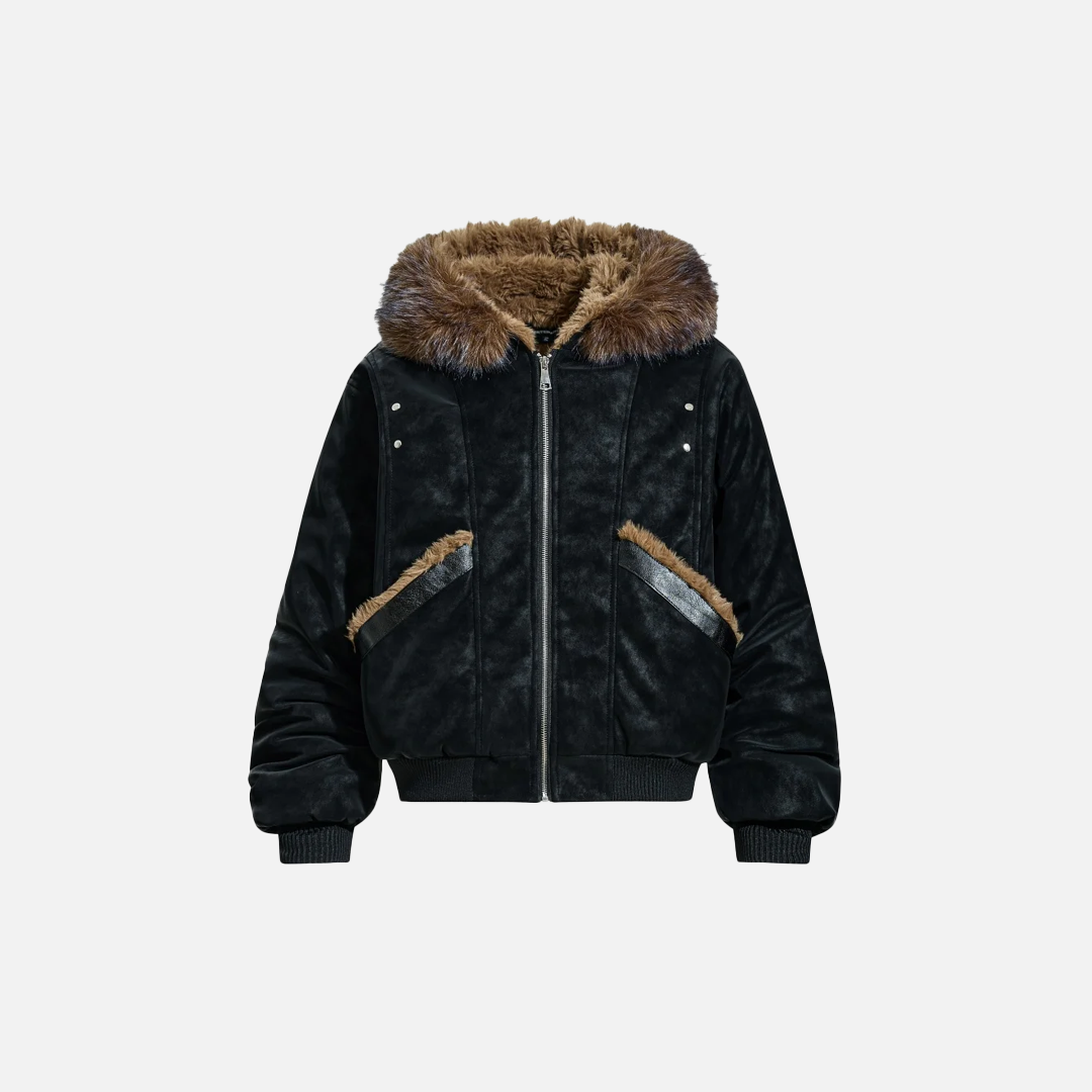 Fashionable Spliced Fur Hooded PU Leather Jacket - Luxuryurbanwear