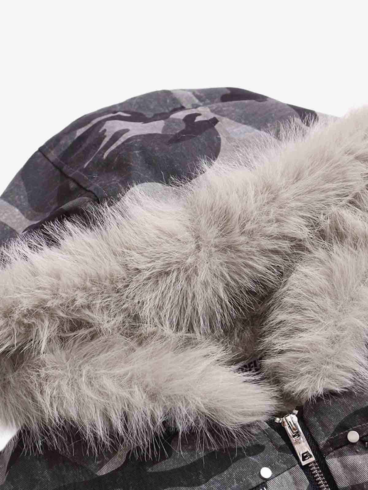 Vintage Camo Faux Fur Hood Padded Bomber Jacket