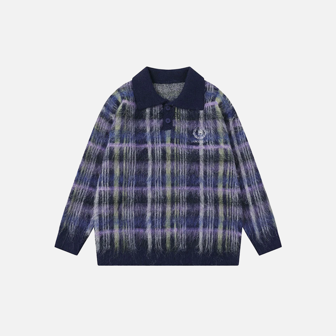 Flattering Oversized Plaid Knit Casual Polo Sweater - Luxuryurbanwear