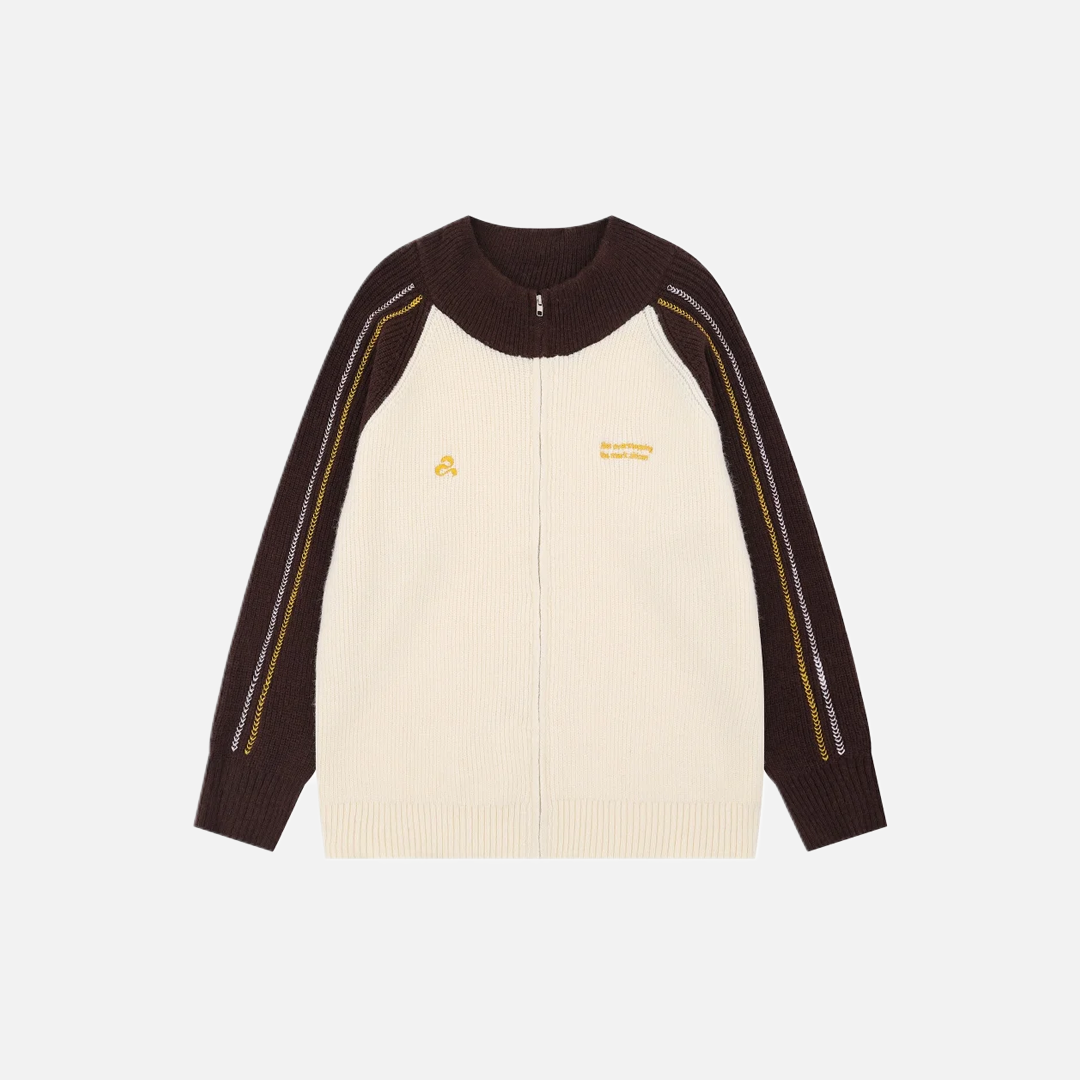 Contrast Paneled Letter Crew Neck Embroidered Cardigan - Luxuryurbanwear
