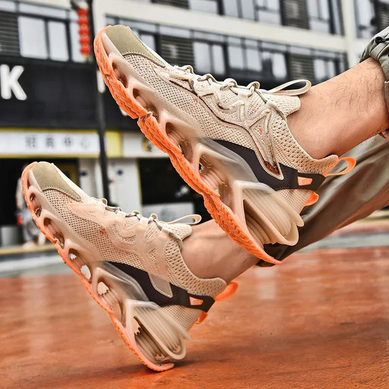 Side view of beige Nova Sole T84 Sneakers - LUXURYURBANWEAR with orange sole, perfect for modern streetwear and all-day wear.