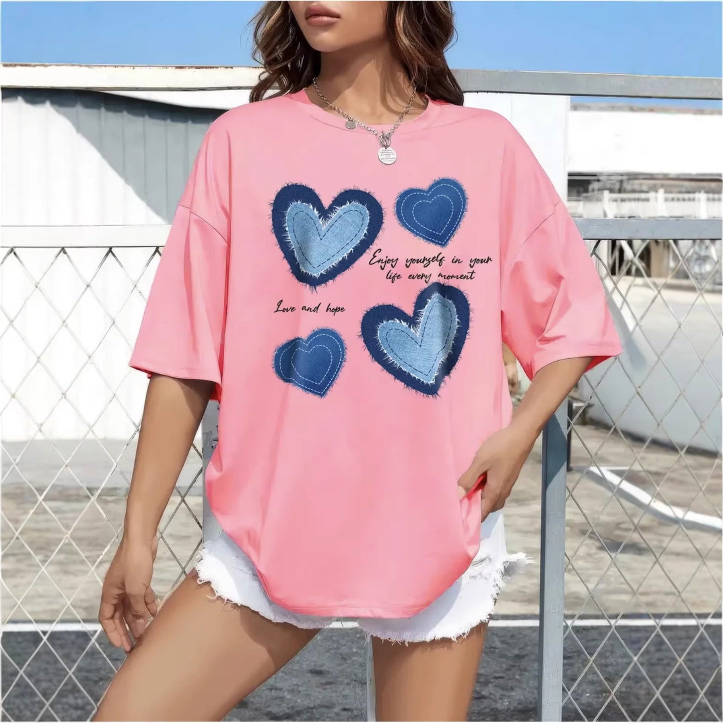 Love pattern round neck short sleeved loose top for women