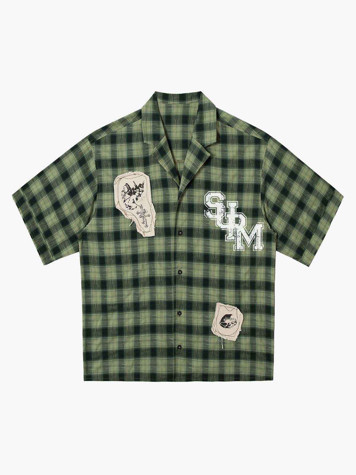 Plaid Applique Printed Short Sleeve Shirt - 2463