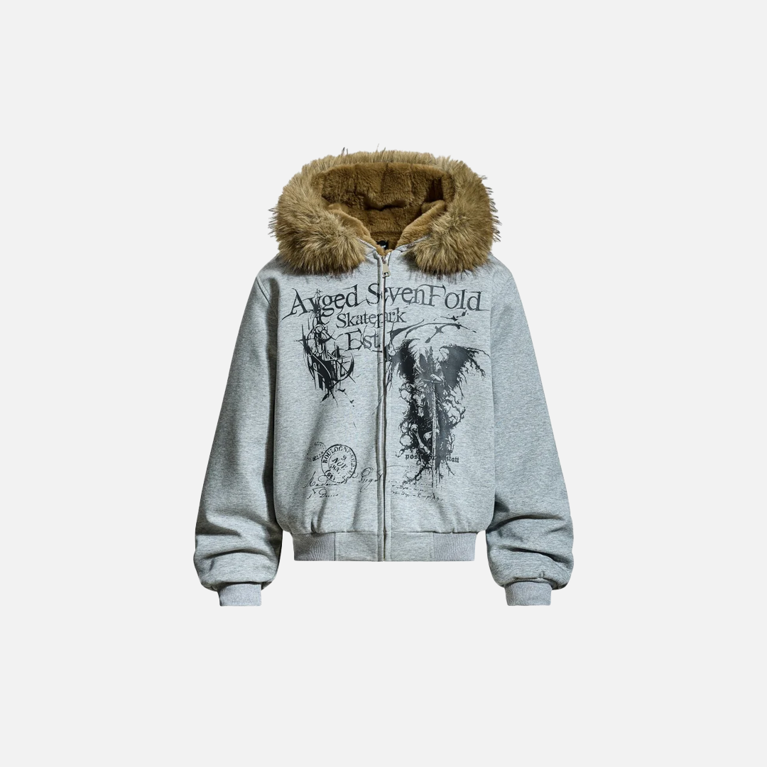 Streetwear Grim Reaper Print Fur Hooded Jacket - Luxuryurbanwear