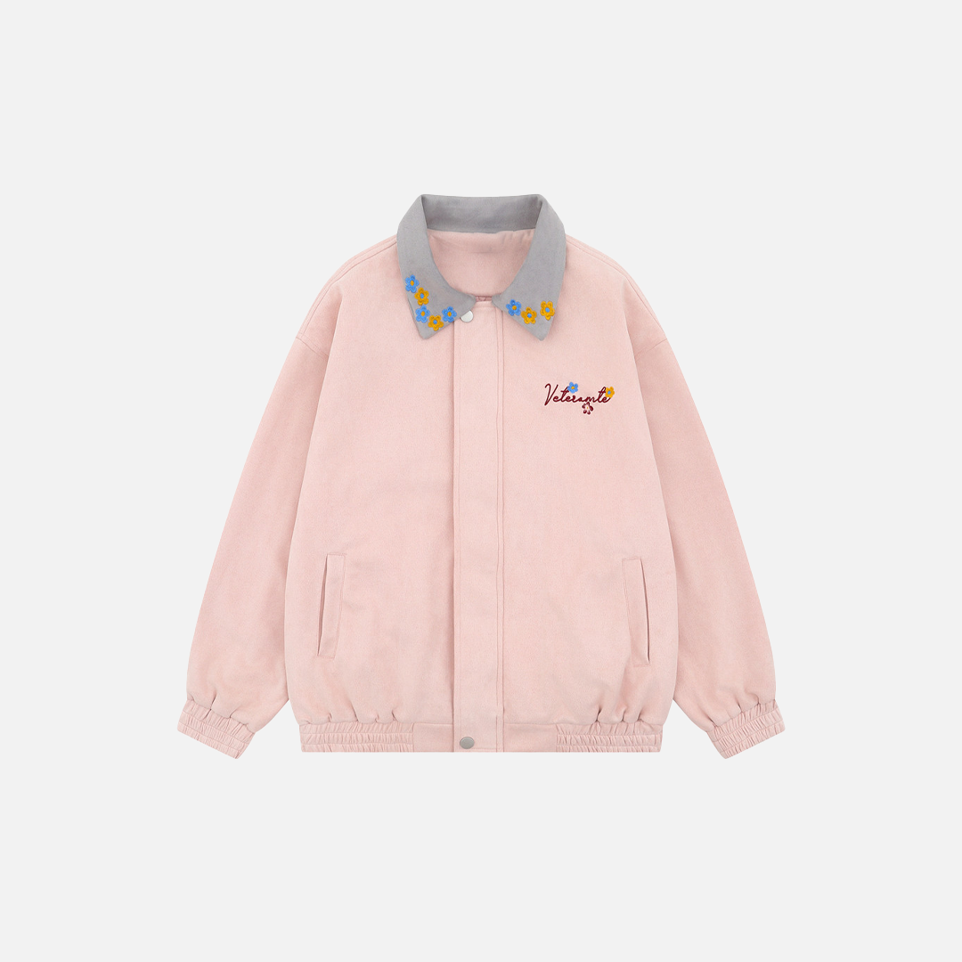 Floral Embroidered Oversized Contrast Collar Jacket - Luxuryurbanwear