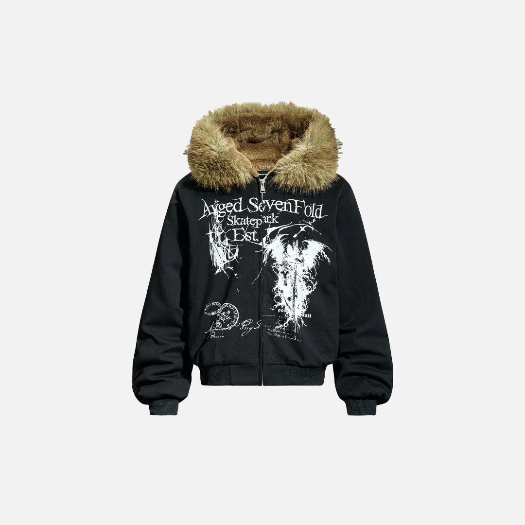 Streetwear Grim Reaper Print Fur Hooded Jacket - Luxuryurbanwear