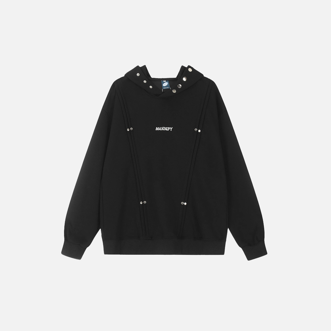 Y2K Rivet Patchwork Black Hip Hop Hooded Sweatshirt - Luxuryurbanwear