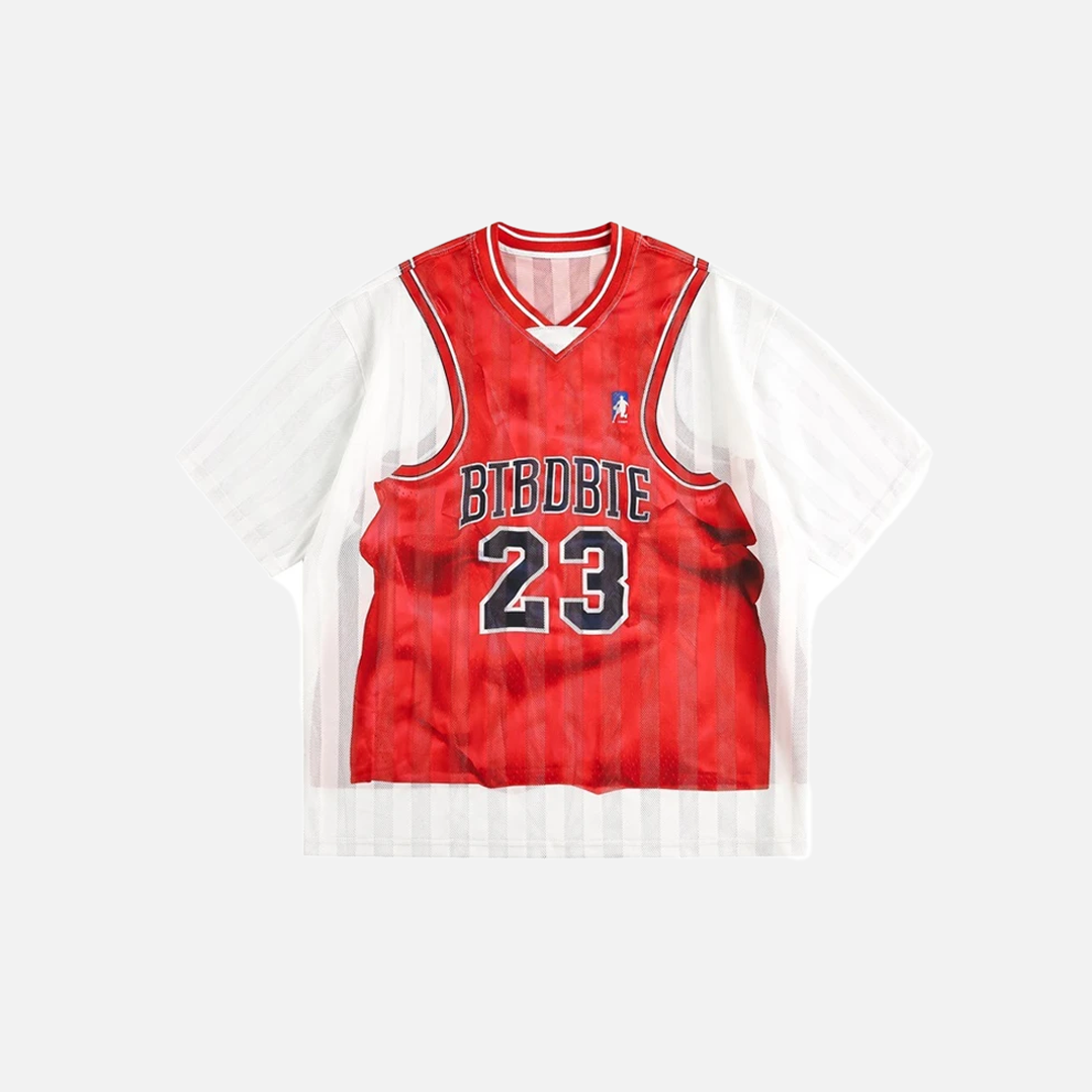 Fake Two Piece Graphic Print V-Neck Basketball T-Shirt - Luxuryurbanwear