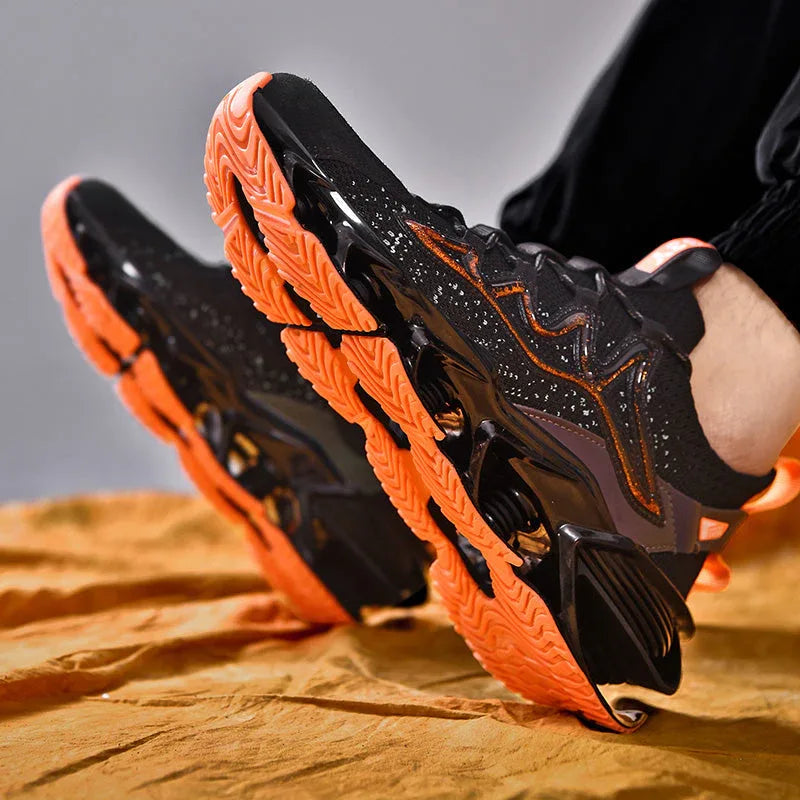 On-foot Nova Sole T84 Sneakers in black and orange with bold sole design - LUXURYURBANWEAR athletic street sneakers.
