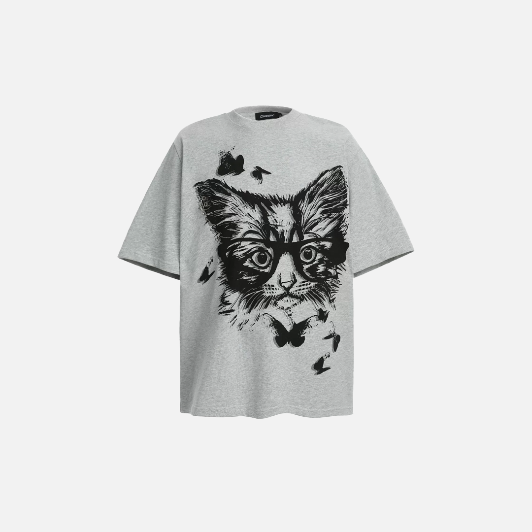 Y2K Stylish Urban Sweet Cat Print Cotton T-Shirt - Luxuryurbanwear