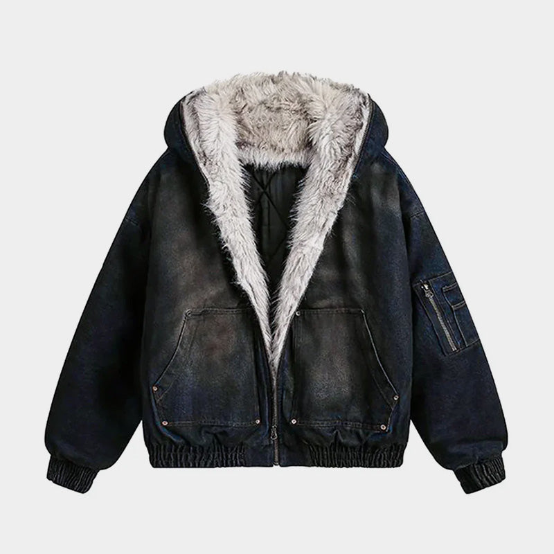 Washed Denim Fur | Hooded Jacket - Luxuryurbanwear