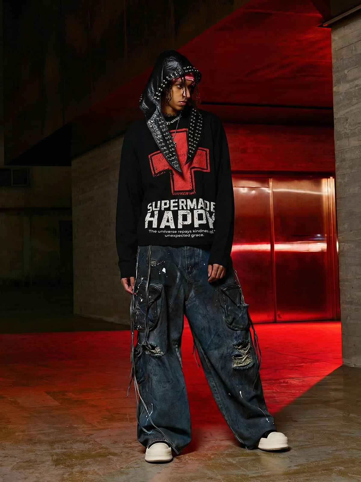 Street Cross Lettering Print Long-Sleeved T-Shirt