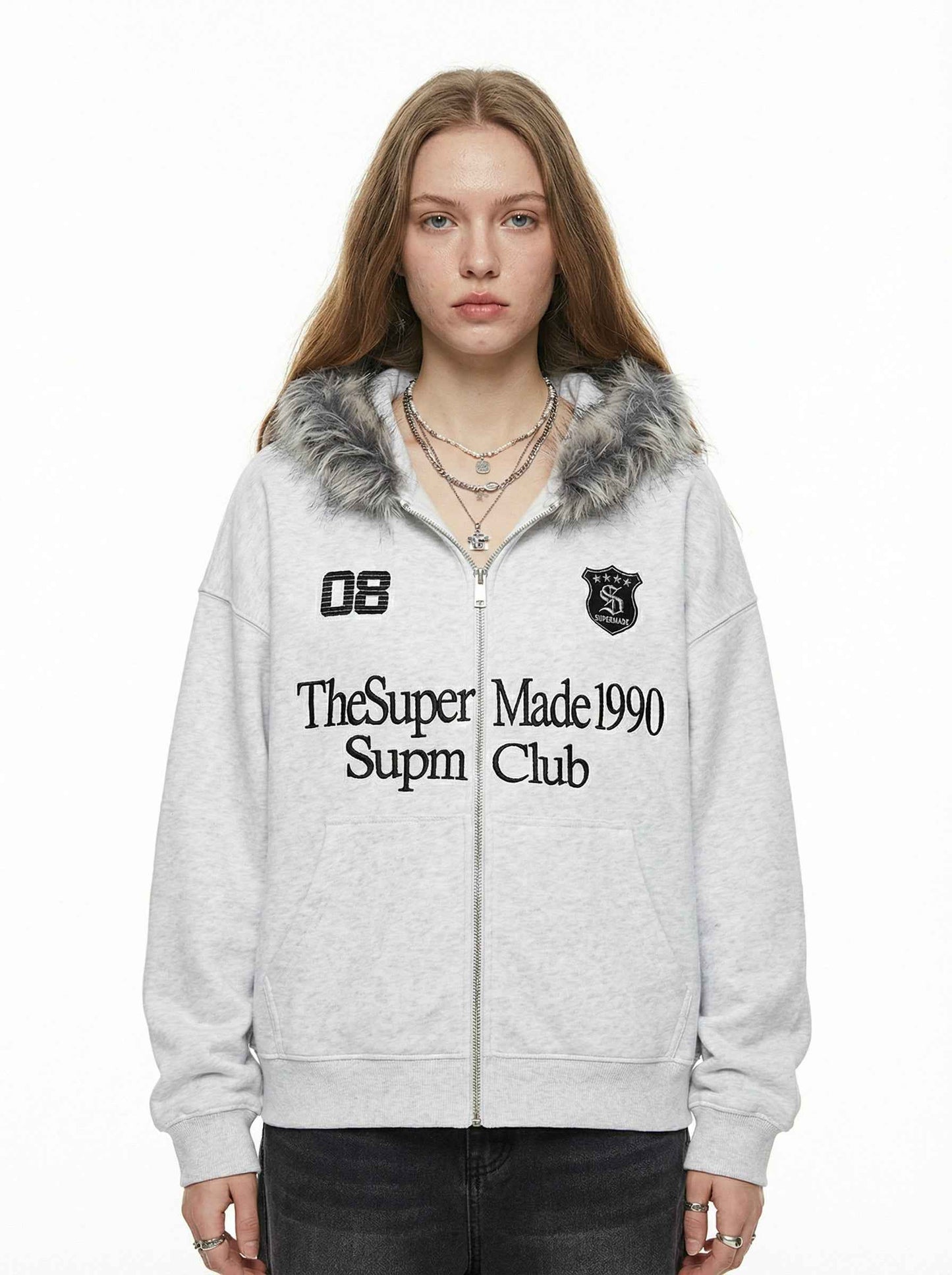 Letter Medal Embroidered Cardigan Fur Collar Zip Up Hoodie- 2502
