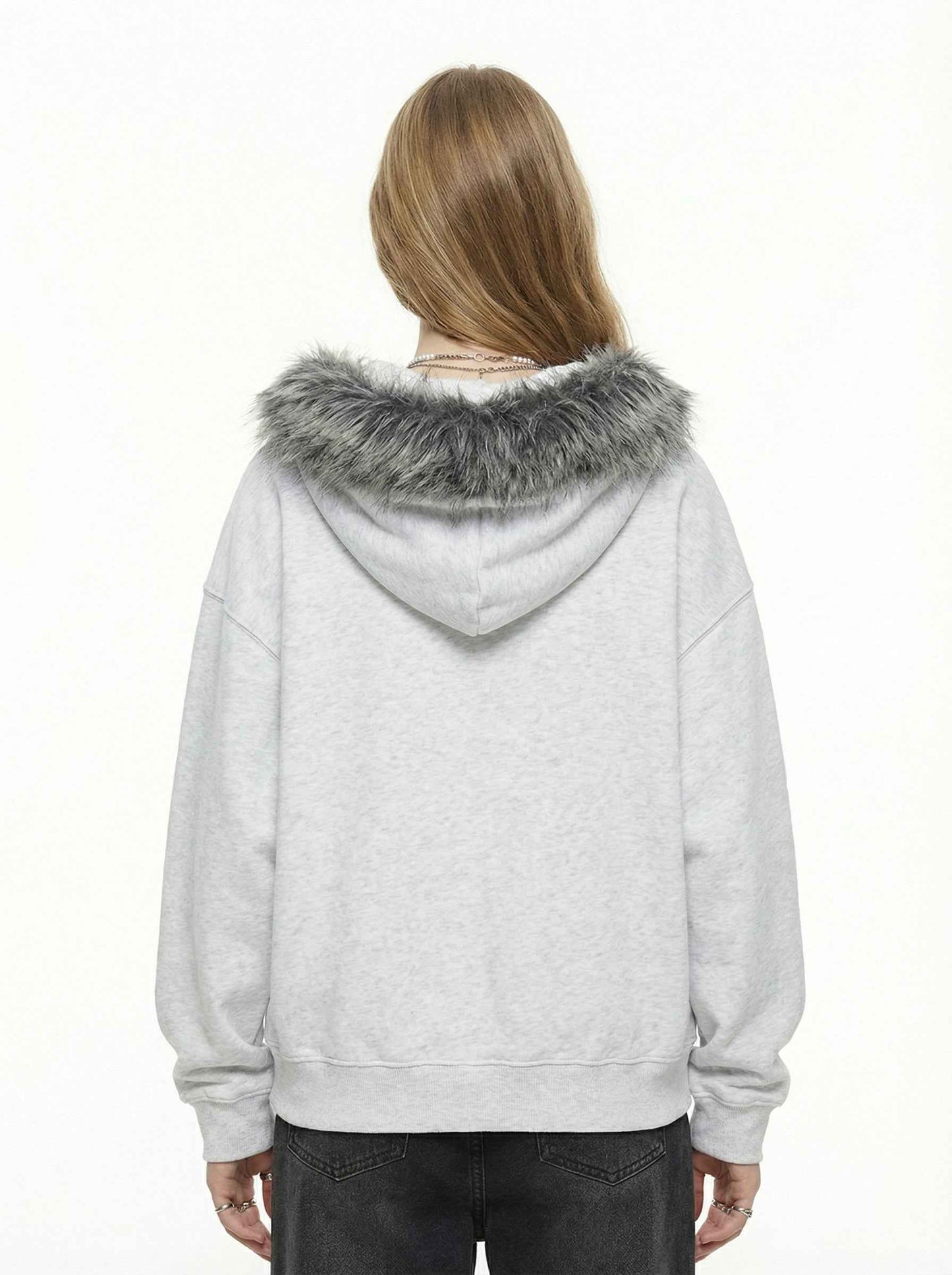 Letter Medal Embroidered Cardigan Fur Collar Zip Up Hoodie- 2502