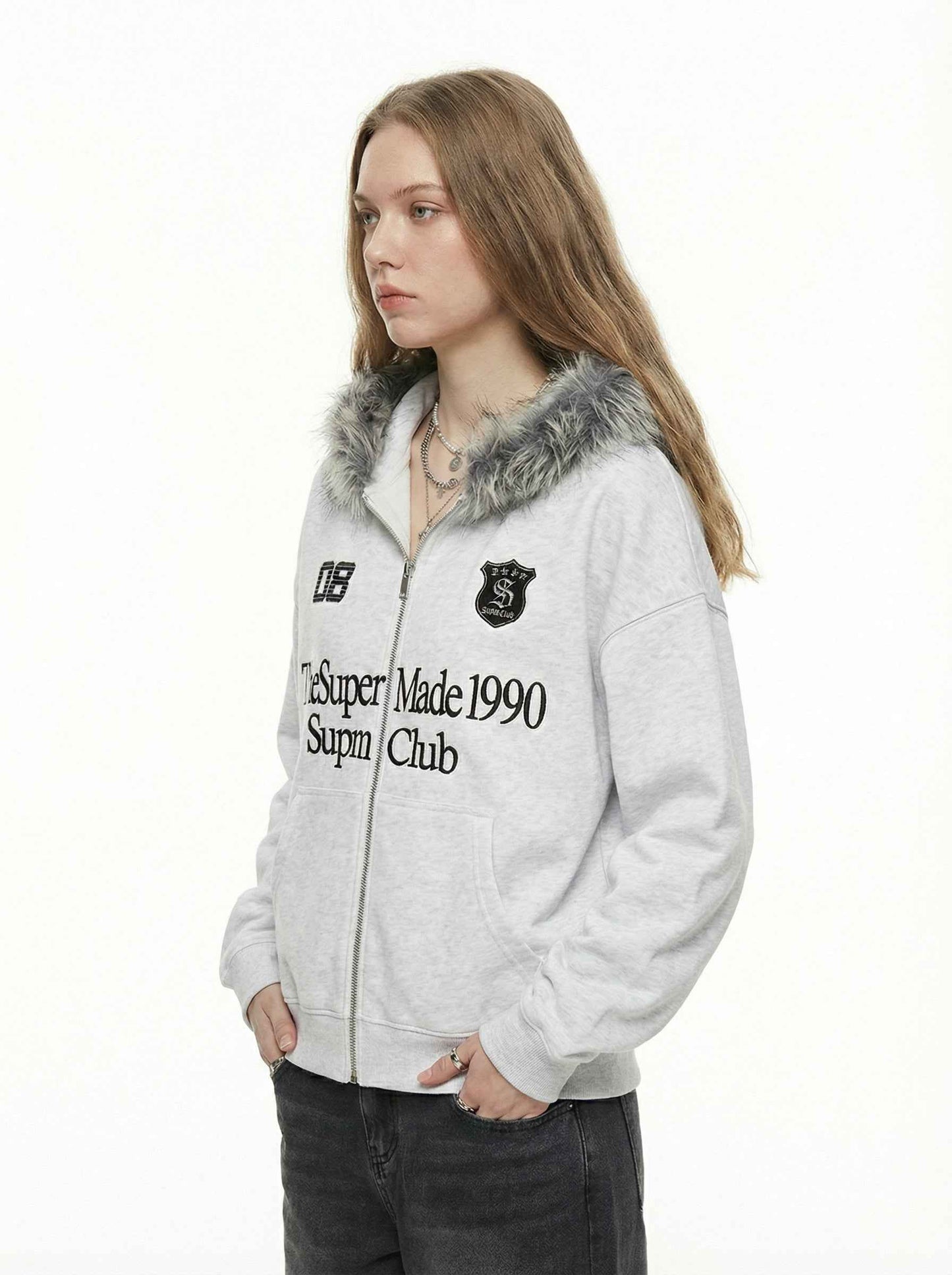 Letter Medal Embroidered Cardigan Fur Collar Zip Up Hoodie- 2502