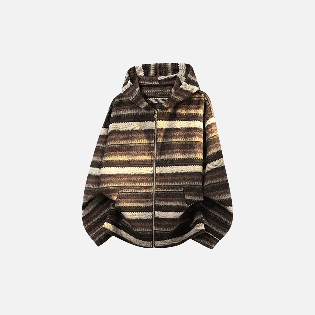 Stylish Striped Knit Hooded Zipper Cardigan - Luxuryurbanwear