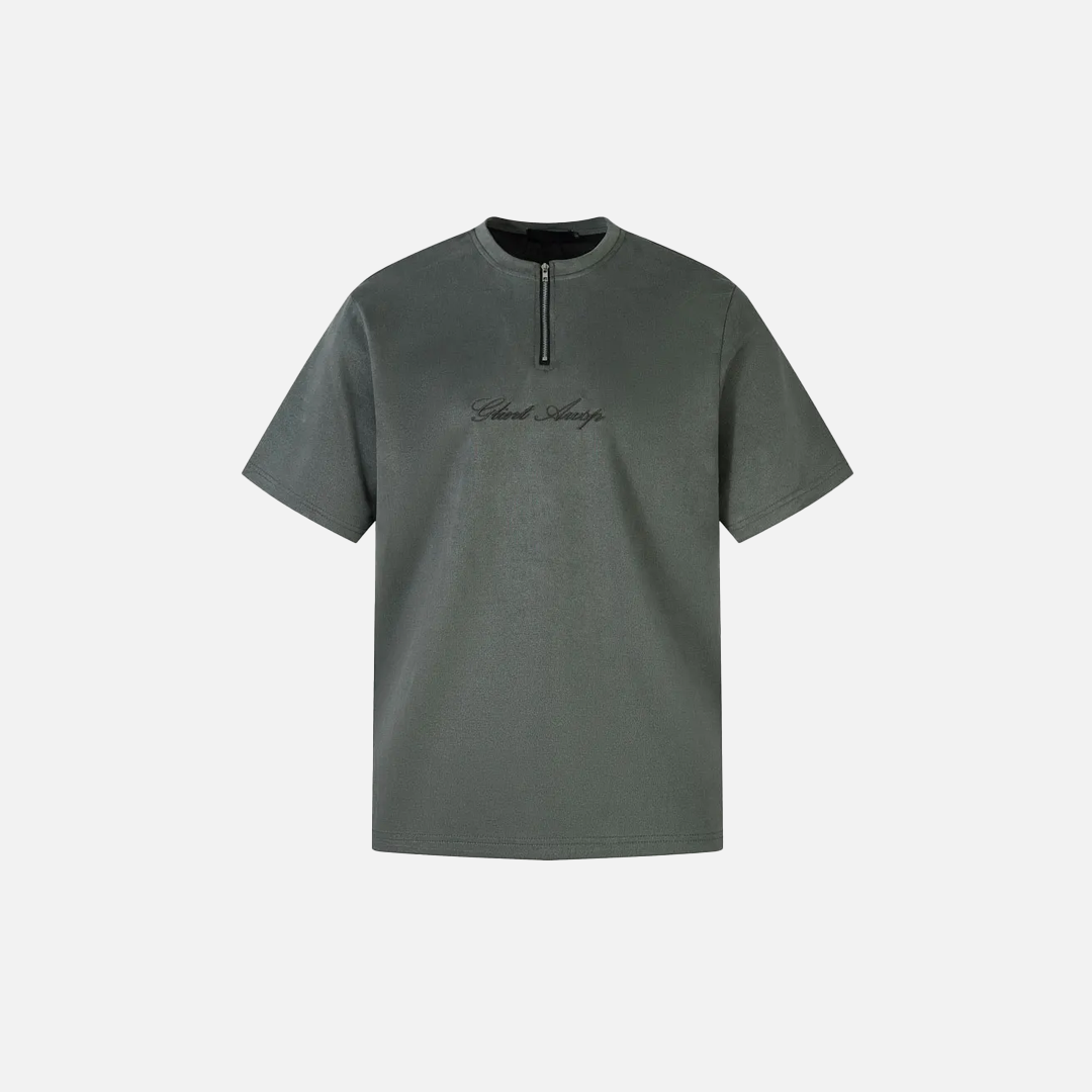 Suede Embroidered Zipper Short Sleeve T-Shirt - Luxuryurbanwear