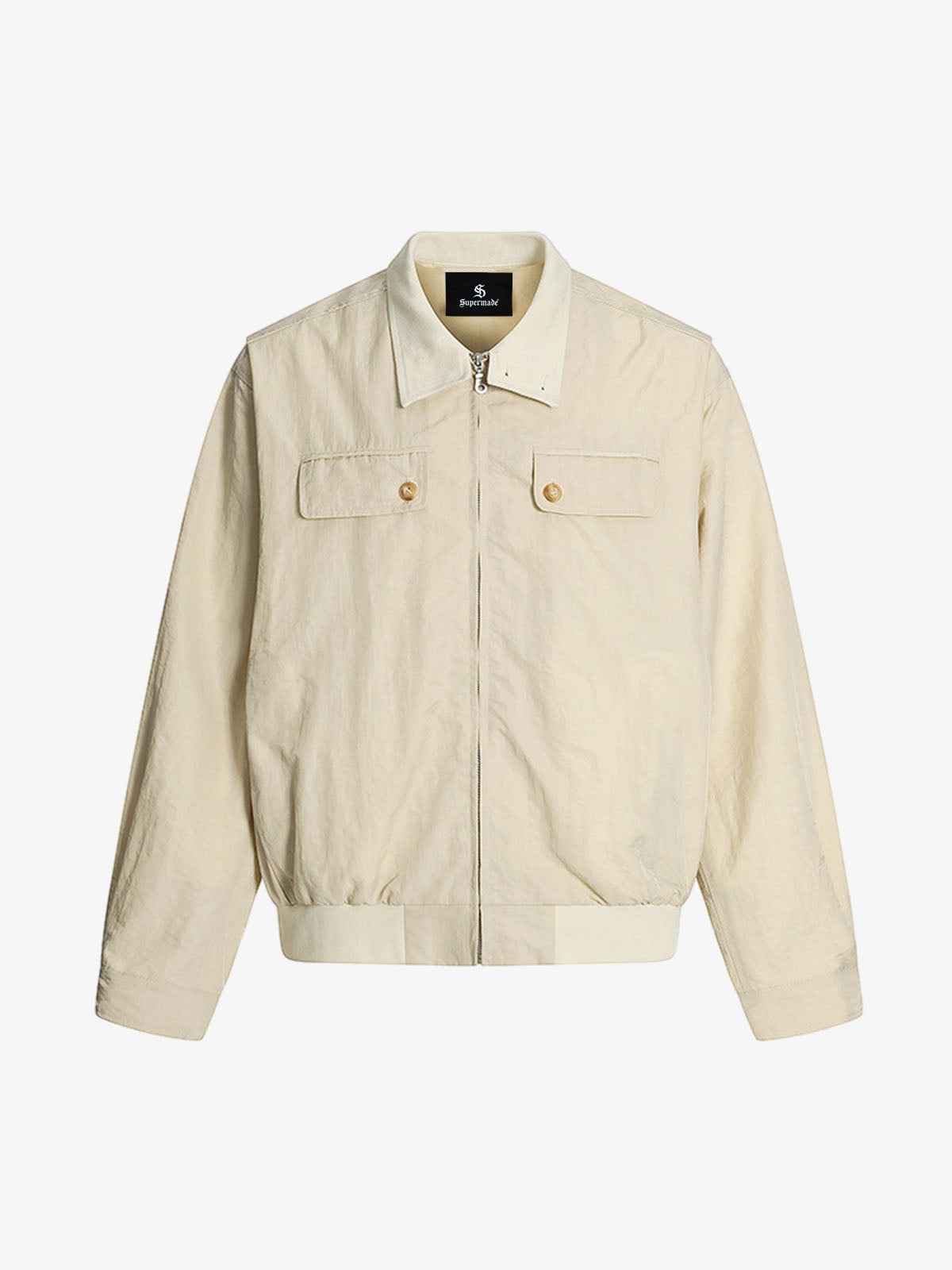 Utility Pleated Sleeve Fold-Over Collar Zip Up Jacket