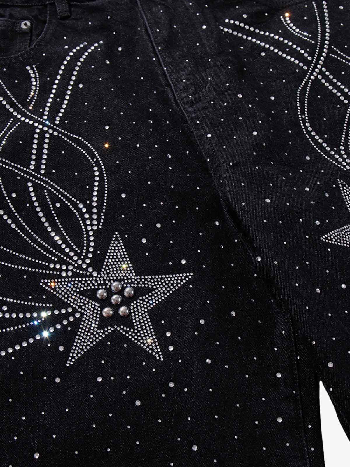Star Rhinestone Embellished Baggy Jeans - Luxuryurbanwear