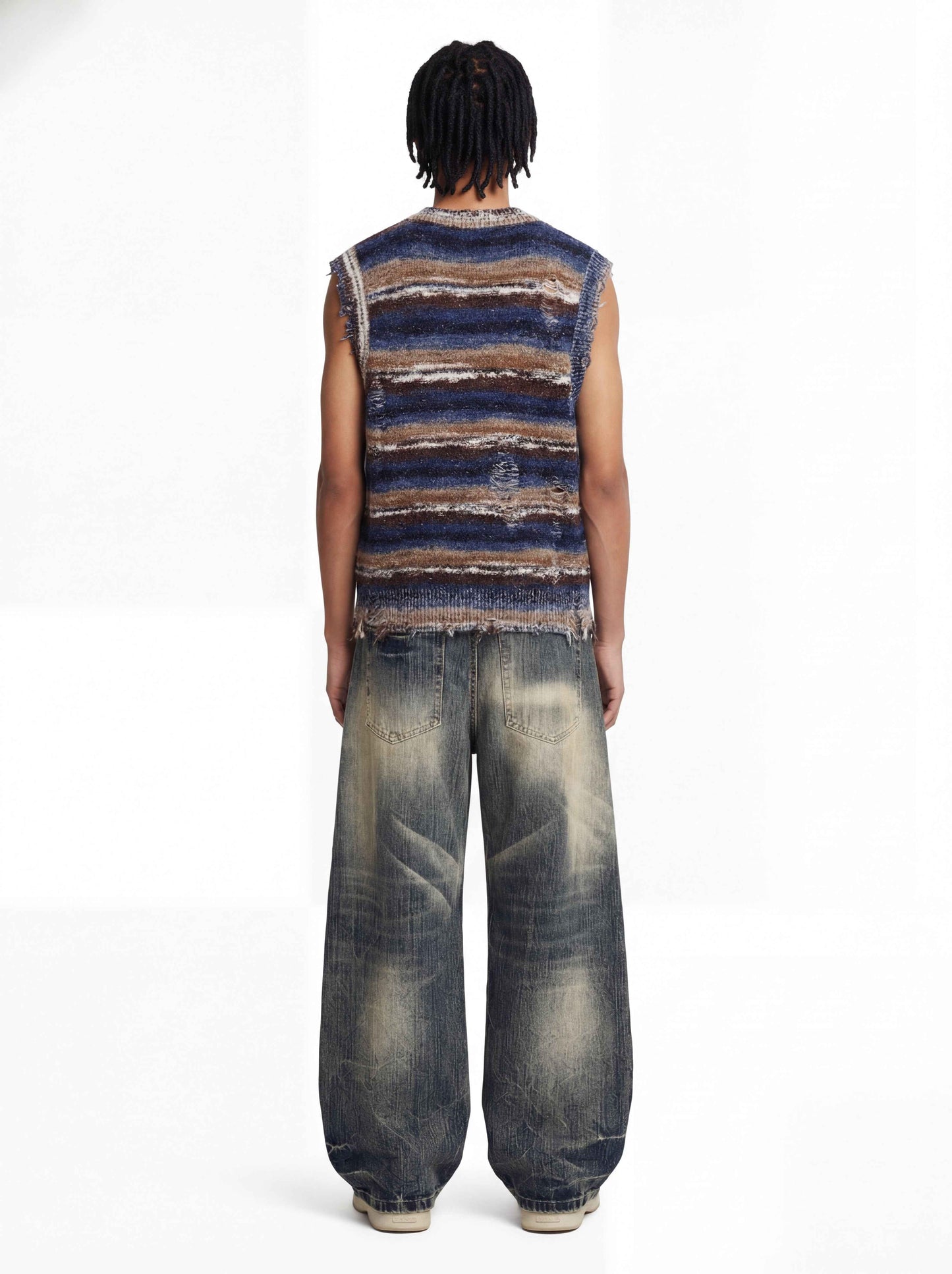 Frayed Edge Striped V Neck Knit Vest