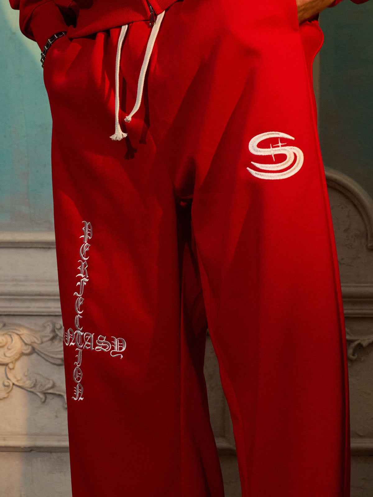 Gothic Letter Cross Embroidery Zip Up Hoodie and Sweatpants Set