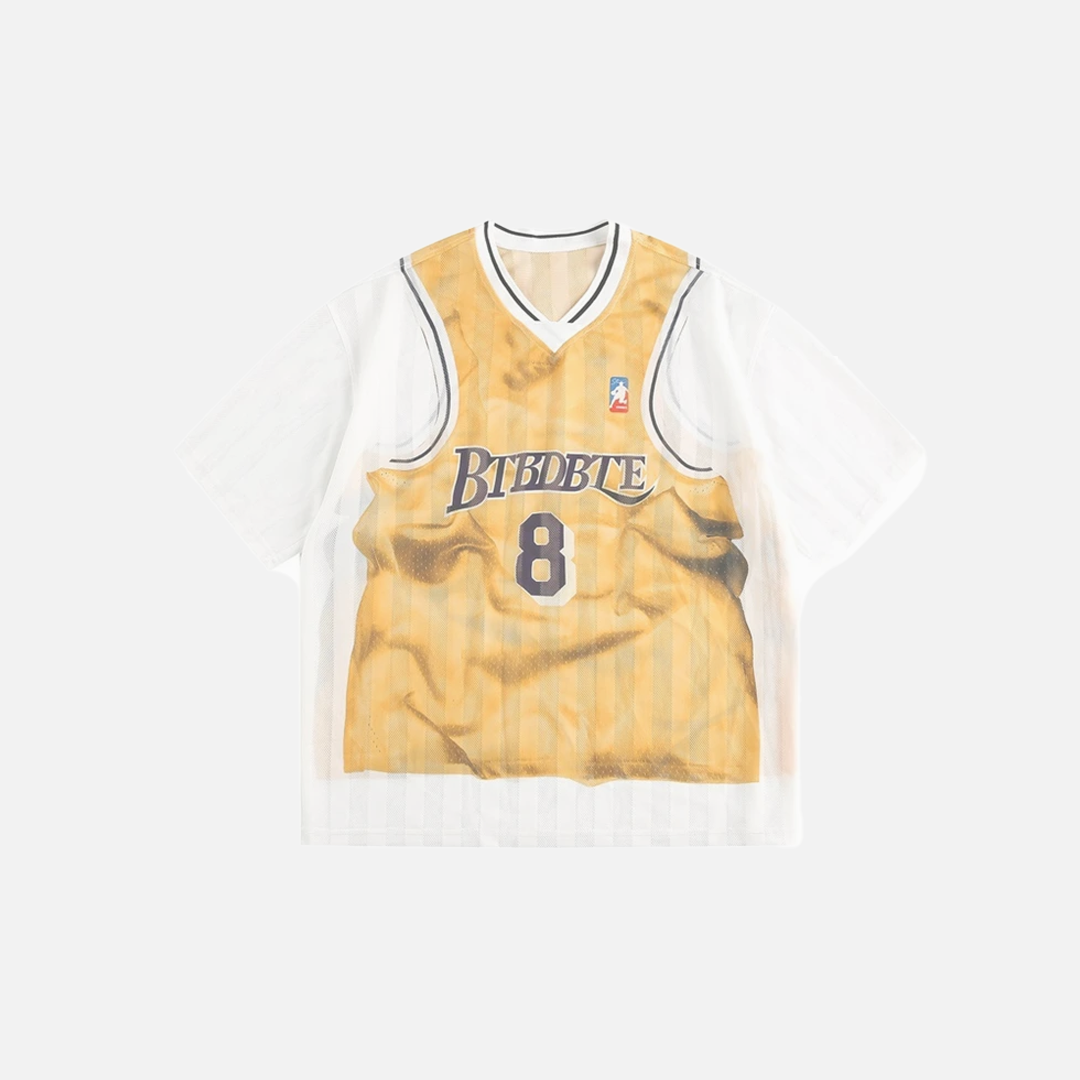 Fake Two Piece Graphic Print V-Neck Basketball T-Shirt - Luxuryurbanwear