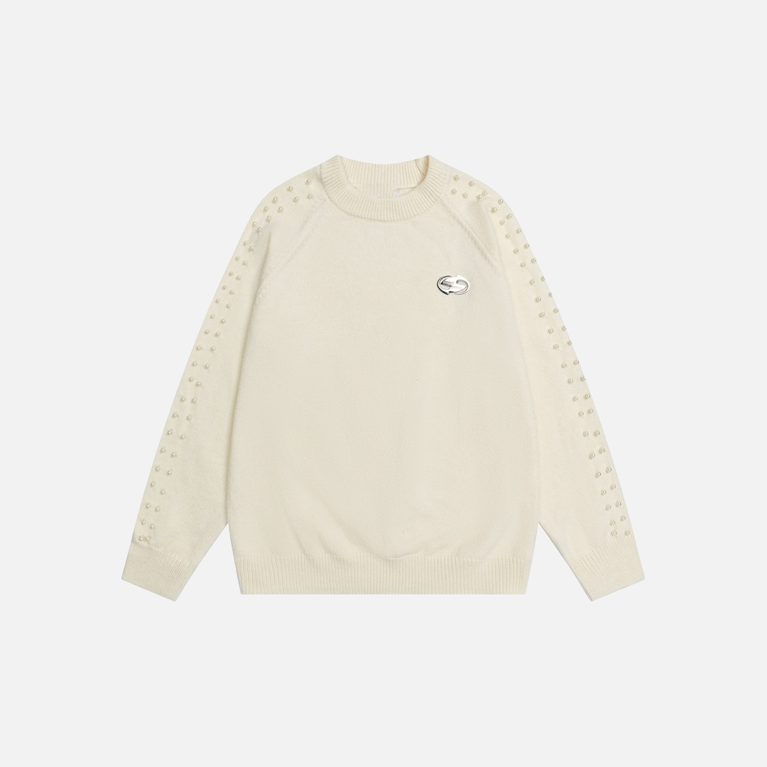 Stylish Oversized Pearl Detail Round Neck Sweater - Luxuryurbanwear