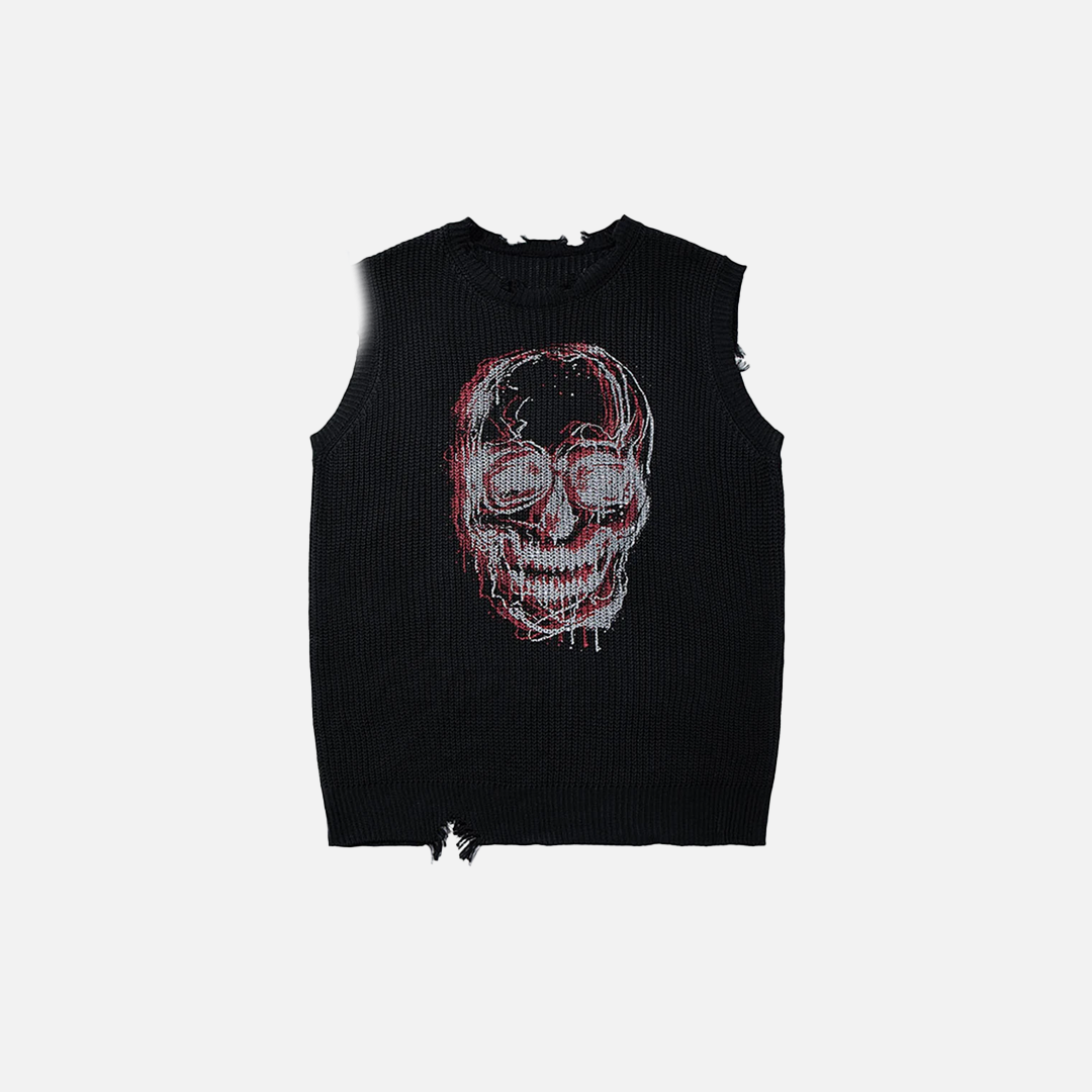 Gothic Oversized Skulls Graphic Sleevless Ripped Sweater - Luxuryurbanwear