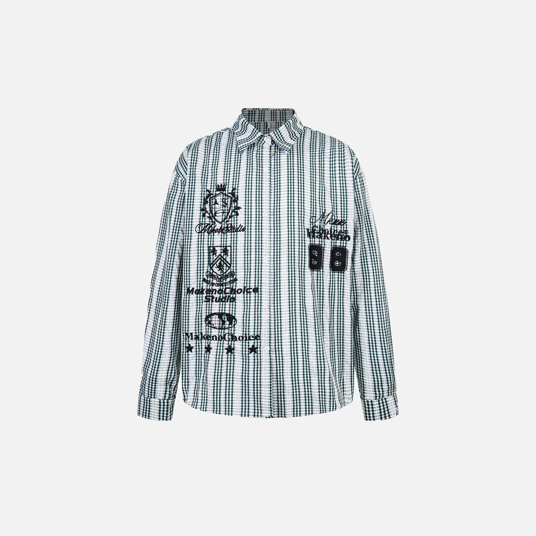 Vintage Vibe Badge Embroidered Plaid Long Sleeve Shirt - Luxuryurbanwear