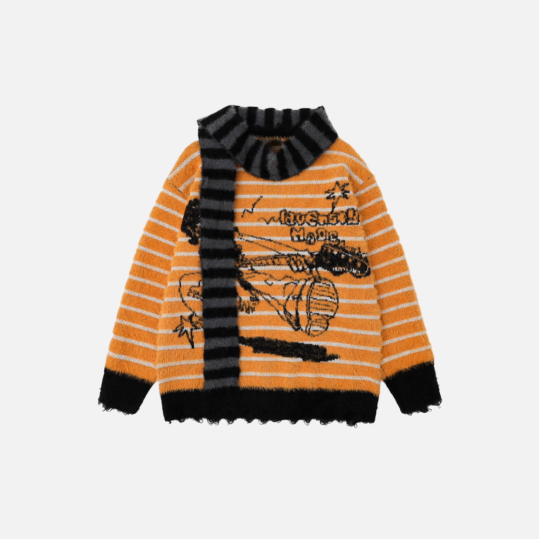Cozy Striped with Scarf Knitwear Sweater - Luxuryurbanwear