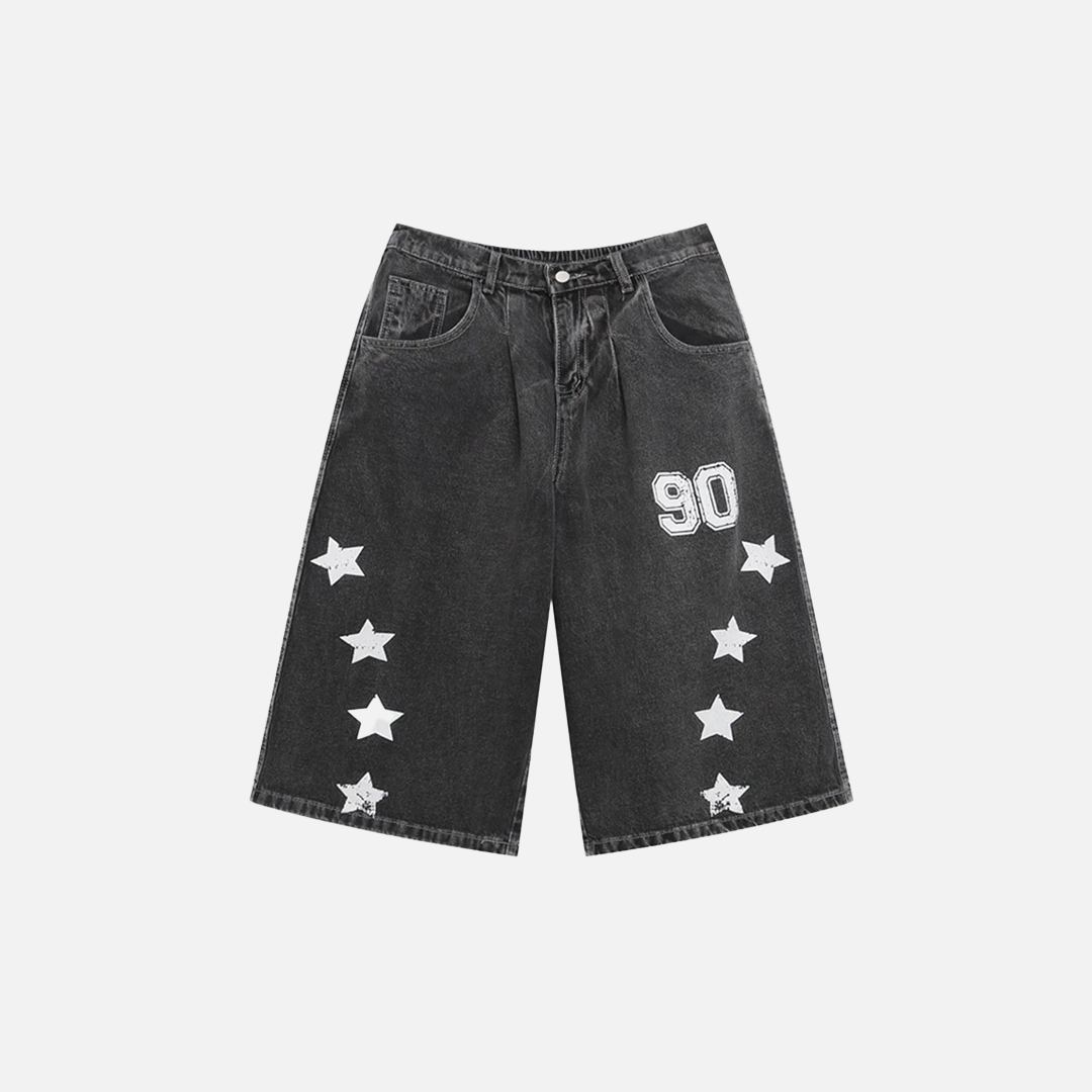 Summer Vintage Star Letter Printed Washed Denim Short - Luxuryurbanwear