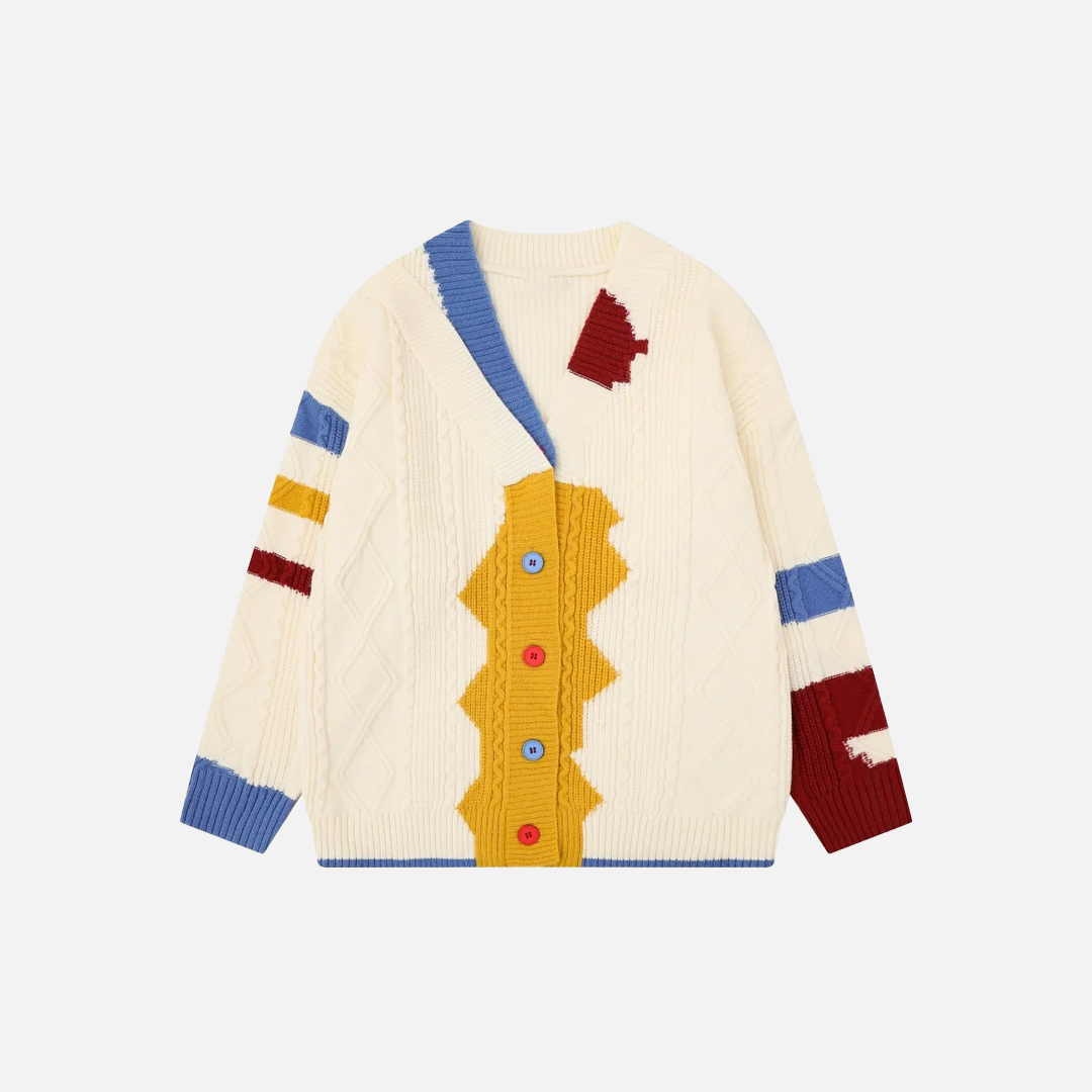 Retro Single Breasted Color Block V-Neck Collar Cardigan - Luxuryurbanwear