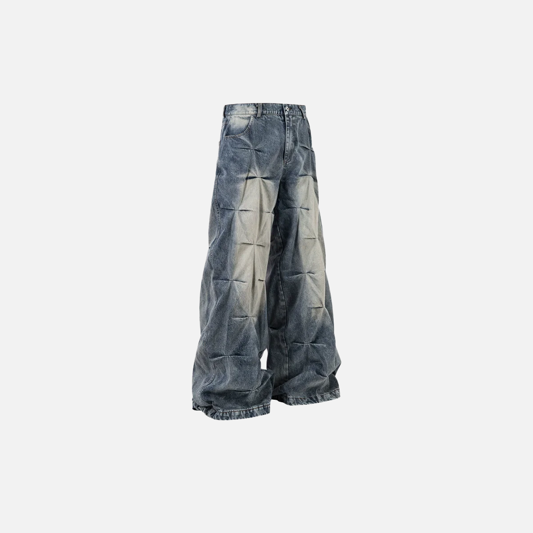 Trendy Designer Baggy Pleated Denim Wide Leg Jeans - Luxuryurbanwear