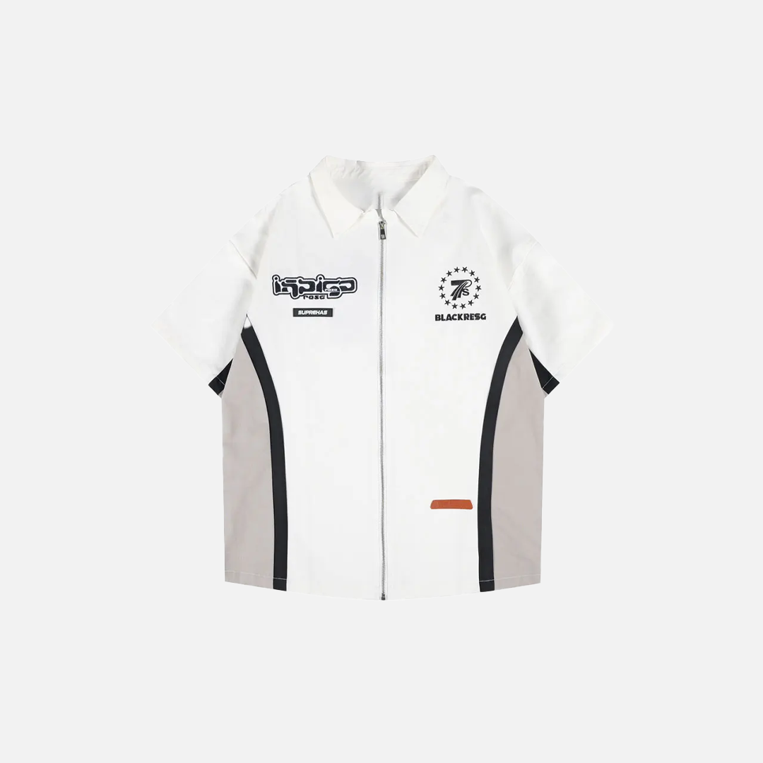 Retro Embroidered Patchwork Sporty Full-Zip Shirt - Luxuryurbanwear