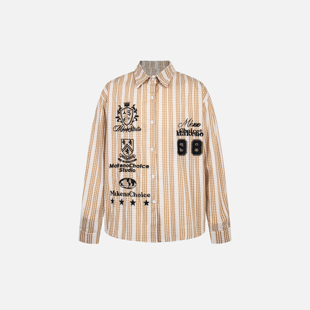 Vintage Vibe Badge Embroidered Plaid Long Sleeve Shirt - Luxuryurbanwear