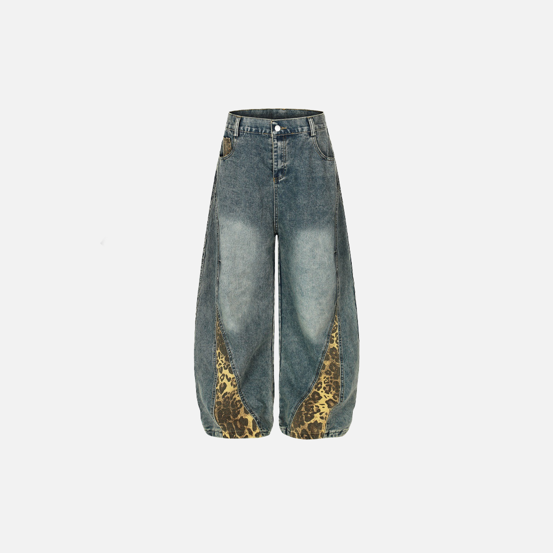 Y2K Vintage Patchwork Leopard Print Wide Leg Jeans - Luxuryurbanwear