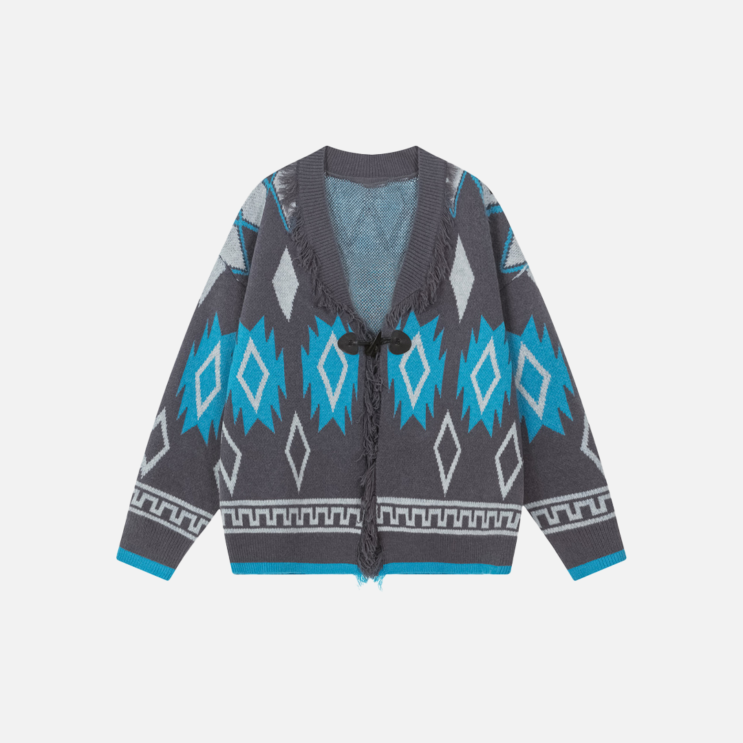 Fashionable V-Neck Jacquard Tassel Cardigan - Luxuryurbanwear