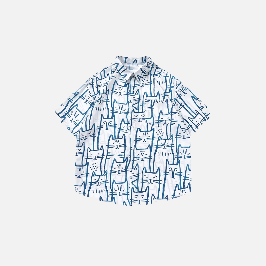 Funny Cartoon Cats Graphic Print Oversize Shirt - Luxuryurbanwear