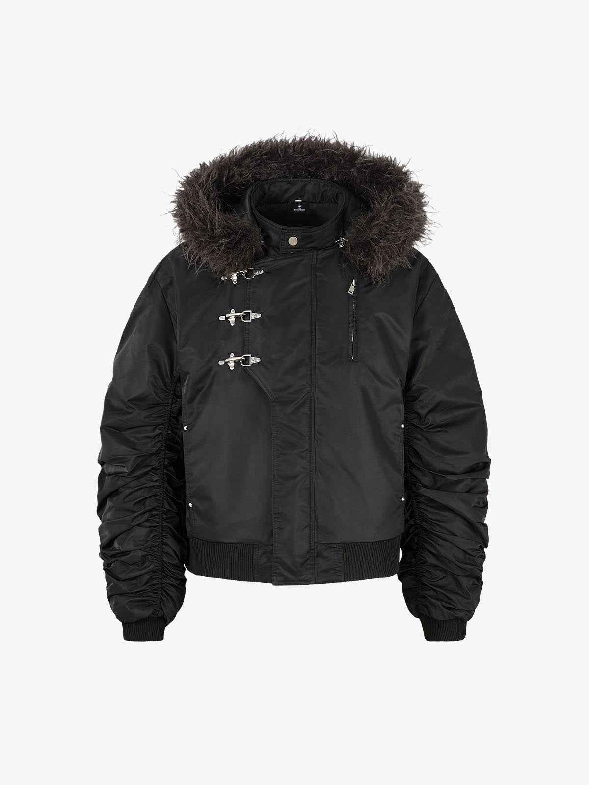 Detachable Faux Fur Collar Ruched Sleeve Bomber Jacket